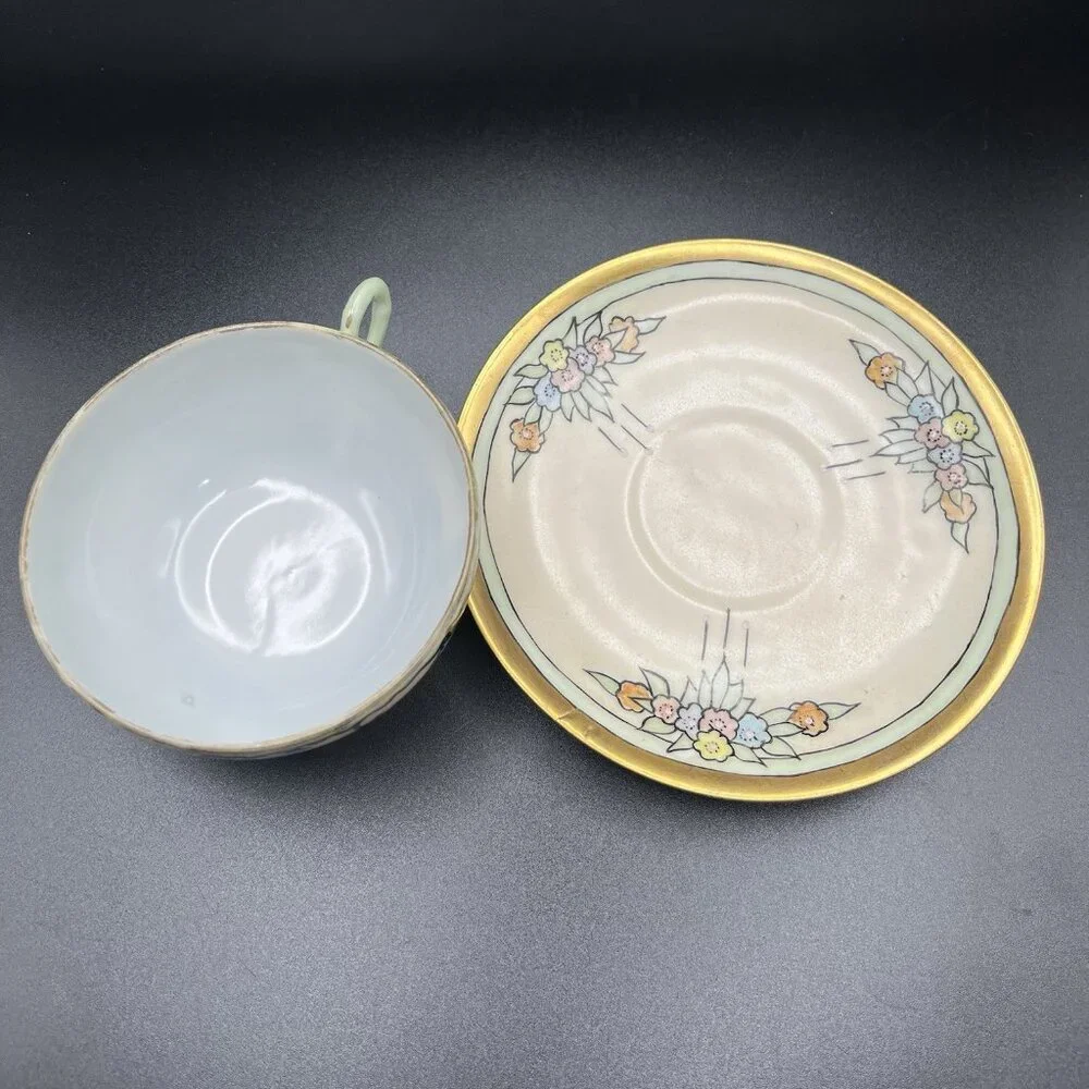 Antique Hand Painted Japan Teacup & Germany Porcelain Saucer Mismatched Art Deco
